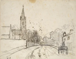 Recto: Study of Upper Norwood, Londyn, z kościołem All Saints, 1871 (pióro i brązowy tusz na graficie)